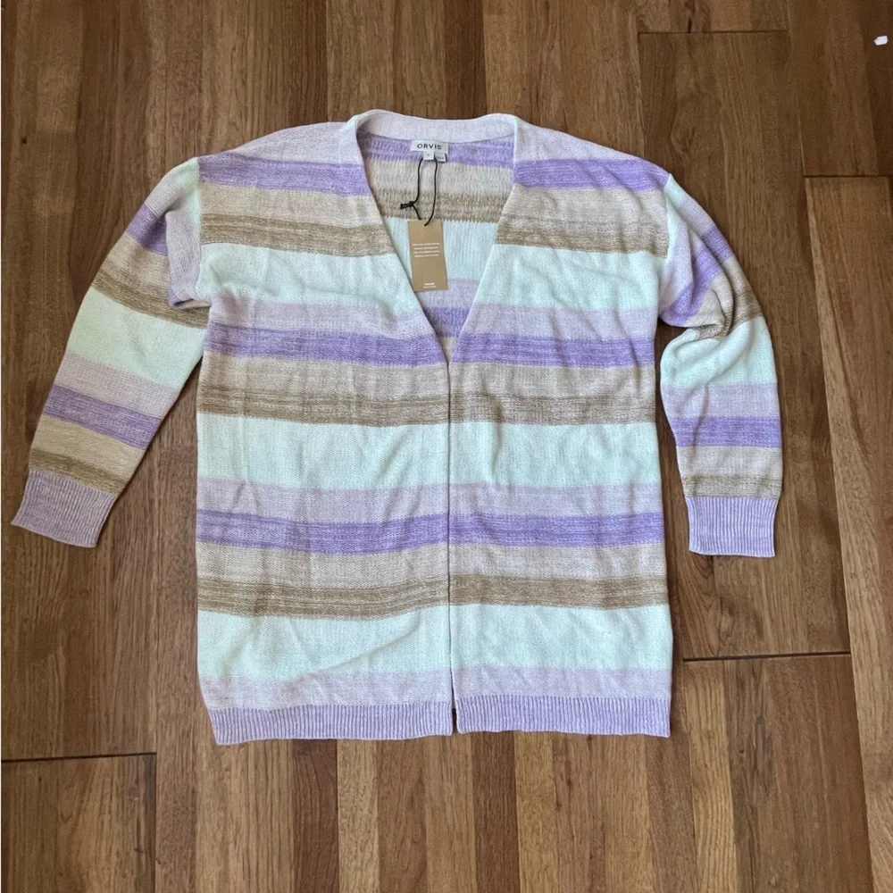 NWT Orvis Linen/Cotton Blend Striped Open Cardigan Women Sz L Purple Boho Casual